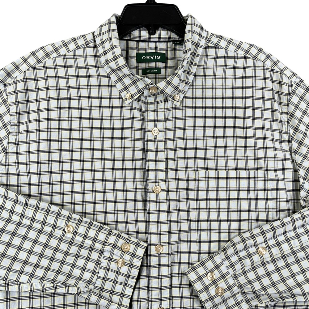 Orvis Shirt Mens XXL Navy Yellow Plaid Classic Fit brrr Cooling Button Down